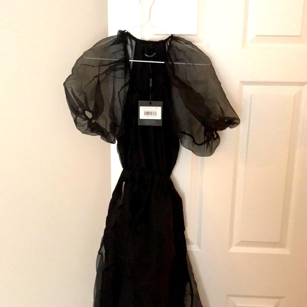 Cynthia Rowley Clara Organza Black Dress with cutouts. Sheer sleeves. Size S.